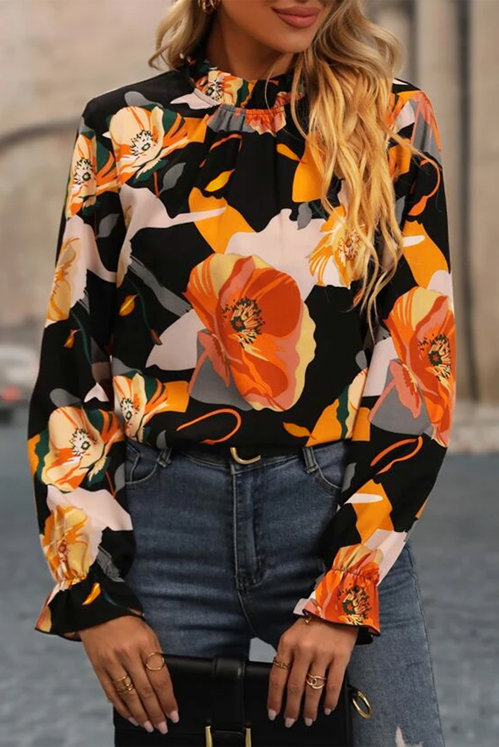 Black Floral Print Mock Neck Blouse - loveforevers