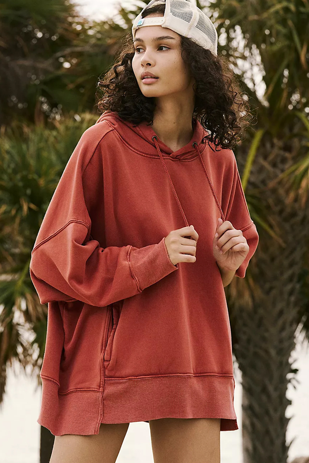 Red Clay Drop Shoulder Pocketed Baggy Drawstring Hoodie - loveforevers