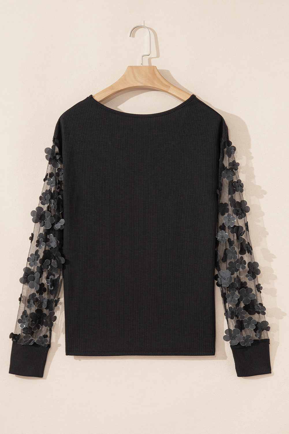 Black Flower Applique Mesh Long Sleeve V Neck Blouse - loveforevers