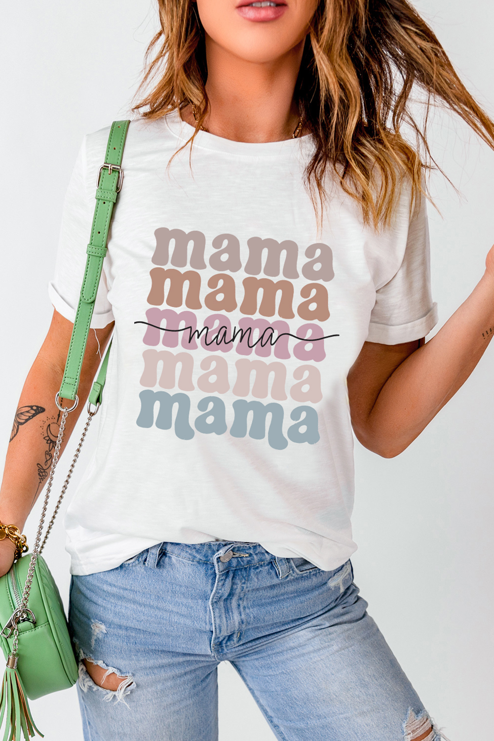 White mama Lettering Printed Crew Neck Tee - loveforevers