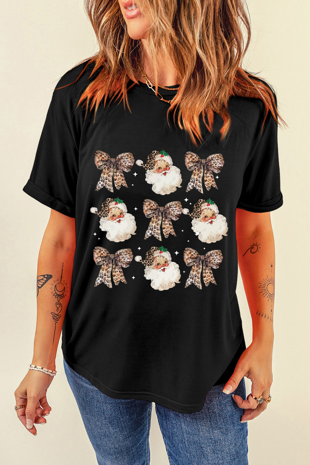 Black Santa Claus Leopard Bow Print Crew Neck Casual T Shirt - loveforevers