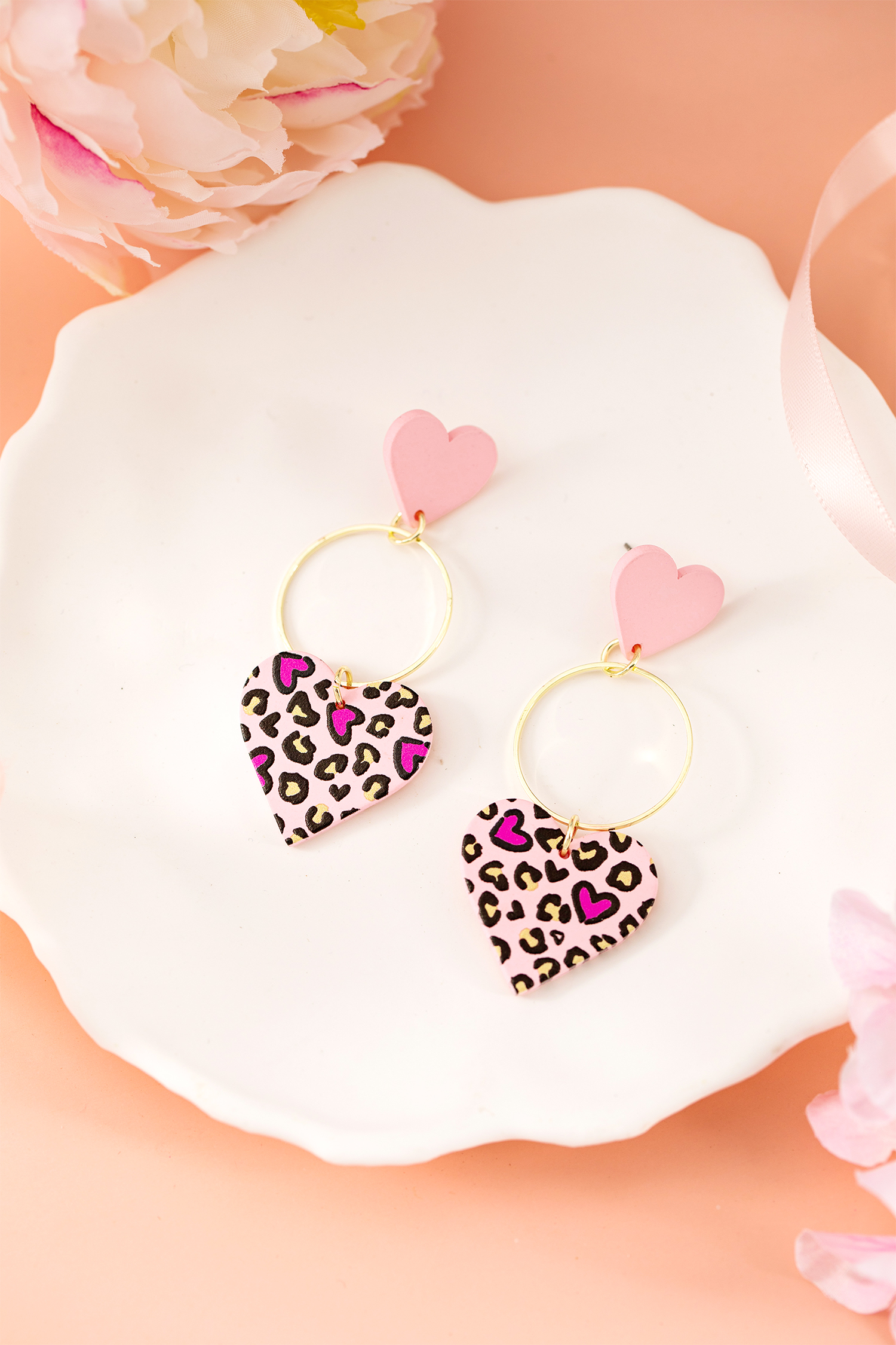 Pink Leopard Double Heart Golden Hoop Dangle Earrings - loveforevers