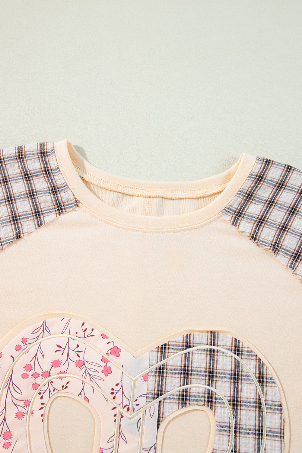 Beige Flower Patch Graphic Exposed Seam Wide Sleeve Top - loveforevers