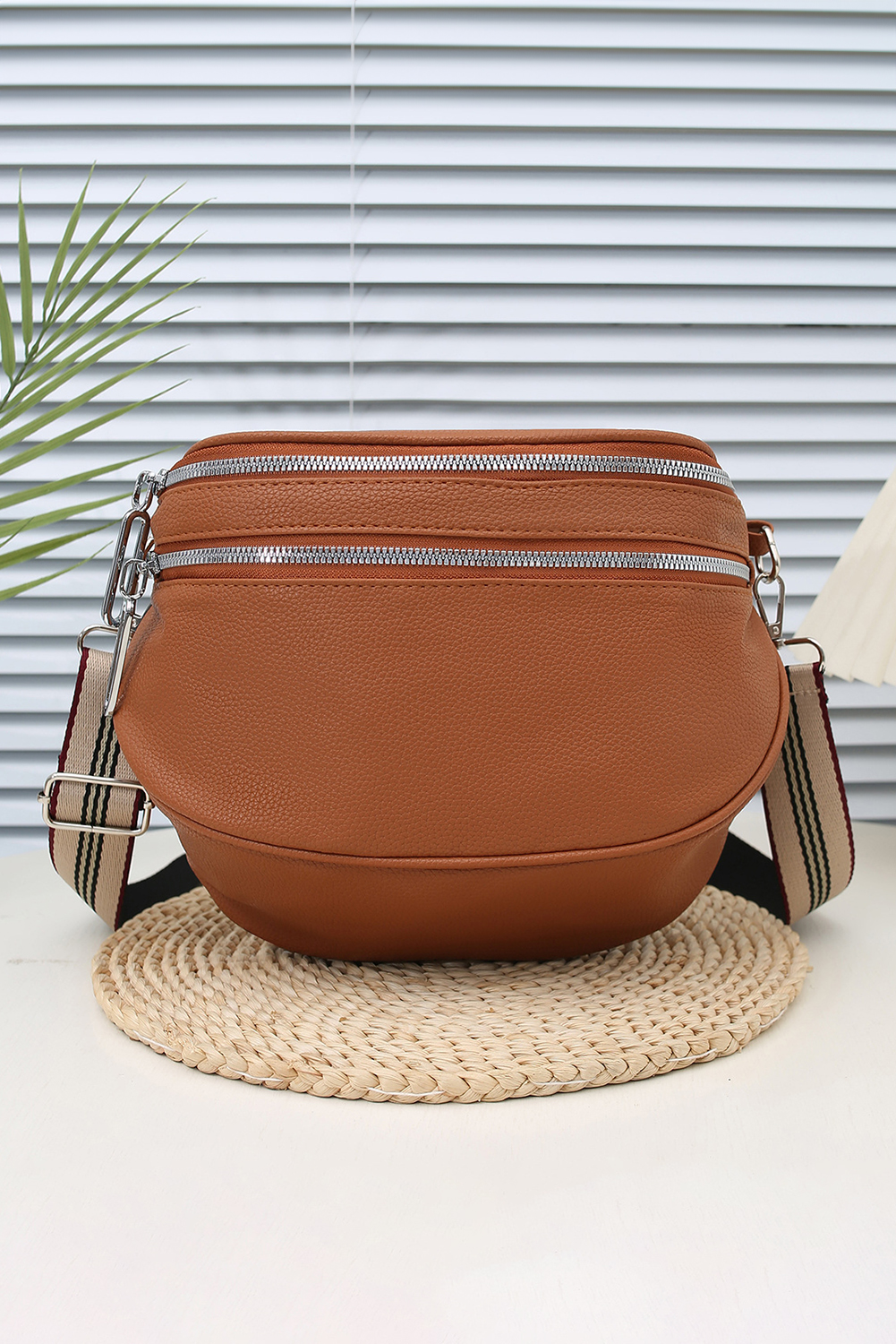 Chestnut PU Leather Double Zipper Crossbody Bag - loveforevers