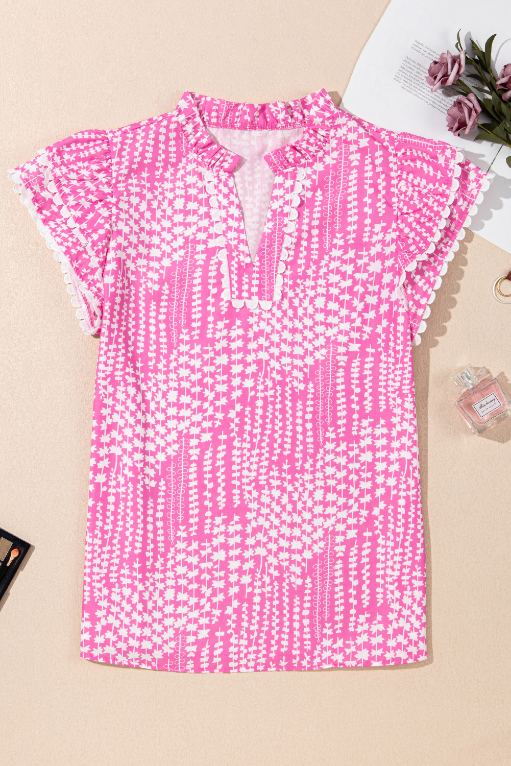 Pink Abstract Print Ric Rac Trim Flutter Sleeve Notch V Neck Blouse - loveforevers