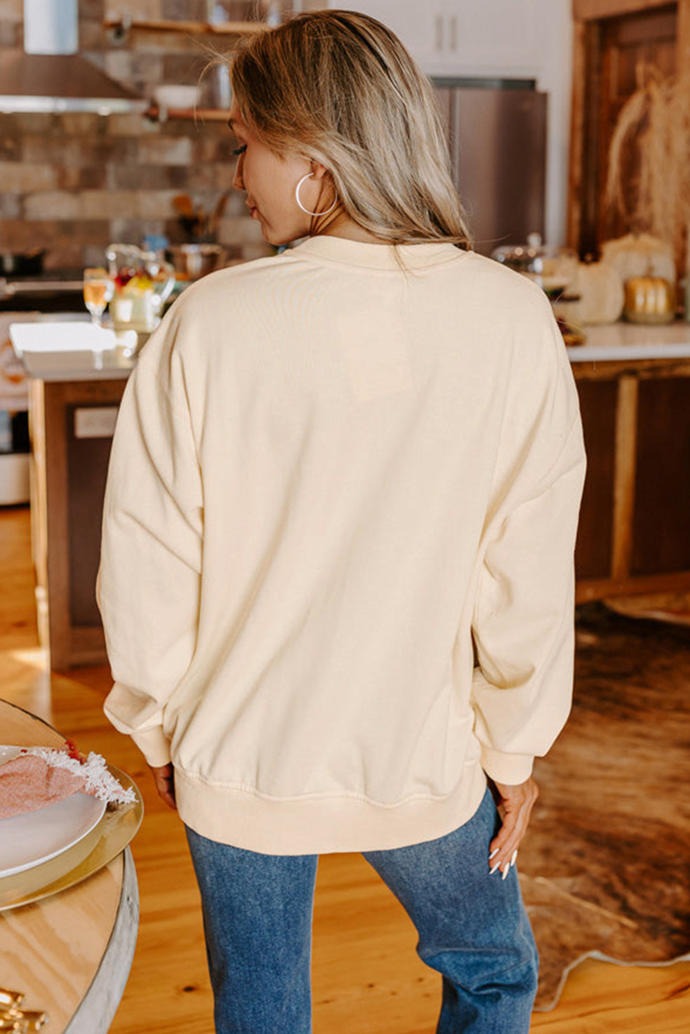 Apricot THANKS Chenille Embroidered Drop Shoulder Graphic Sweatshirt - loveforevers