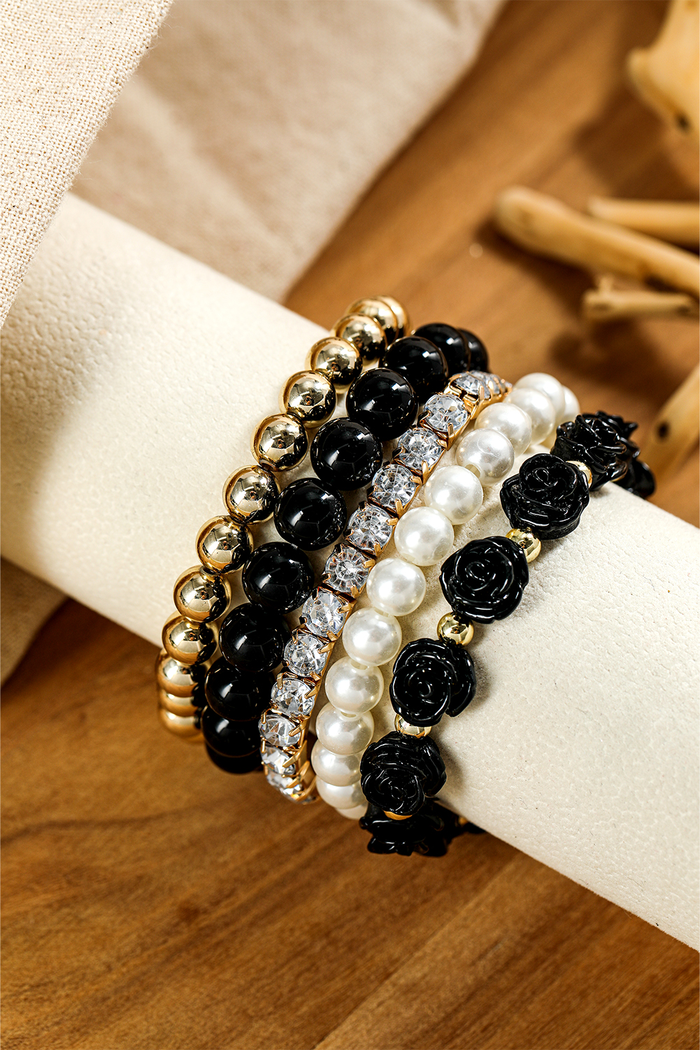 Black Flower Rhinestone Beaded Multi Layer Bracelet Set - loveforevers