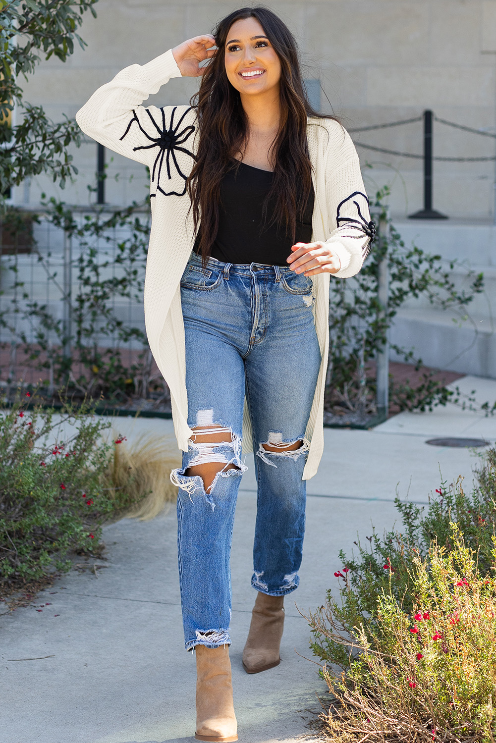 Black Flower Embroidered Drop Shoulder Open Front Duster Cardigan - loveforevers