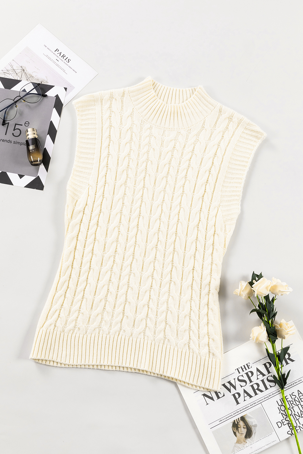 Oatmeal Cable Knit High Neck Sweater Vest - loveforevers