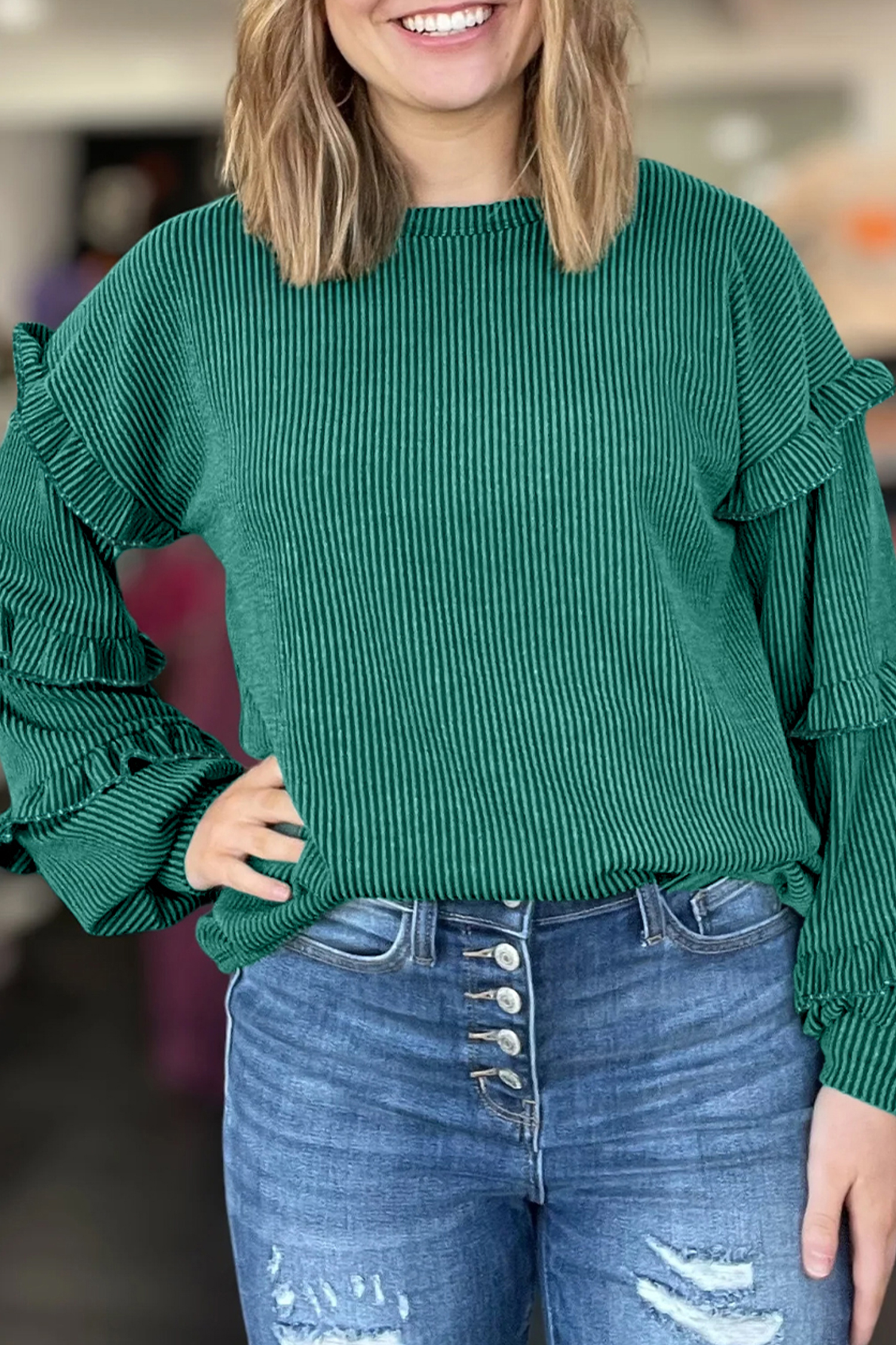 Evergreen Twisted Ribbed Tiered Ruffles Long Sleeve Pullover Top - loveforevers