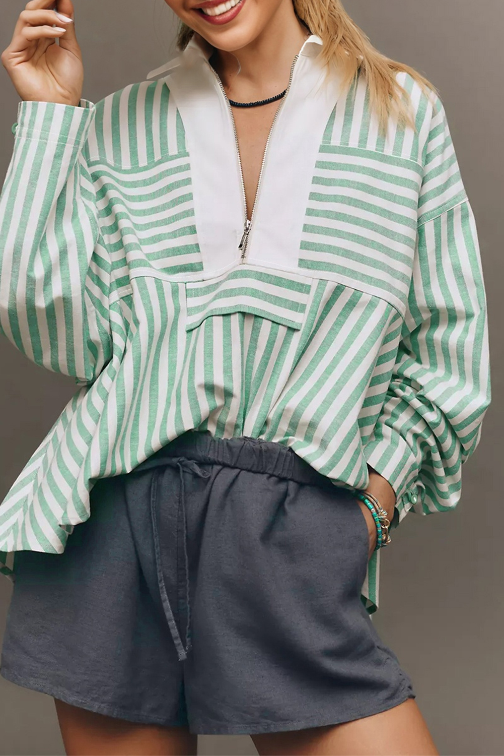 Green Stripe Half Zip Long Sleeve Swing Top - loveforevers