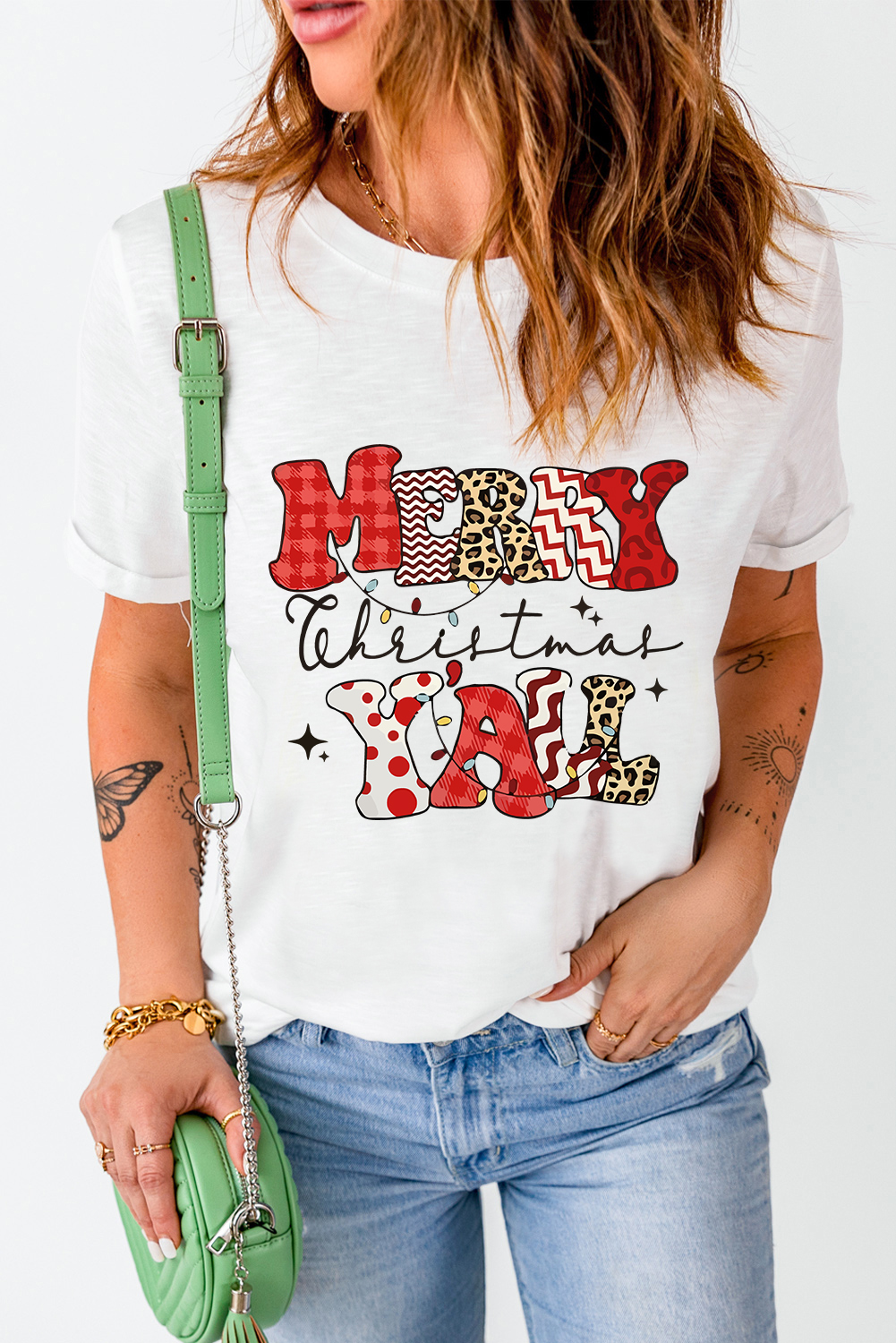 White MERRY Christmas YAll Graphic Crewneck T Shirt - loveforevers