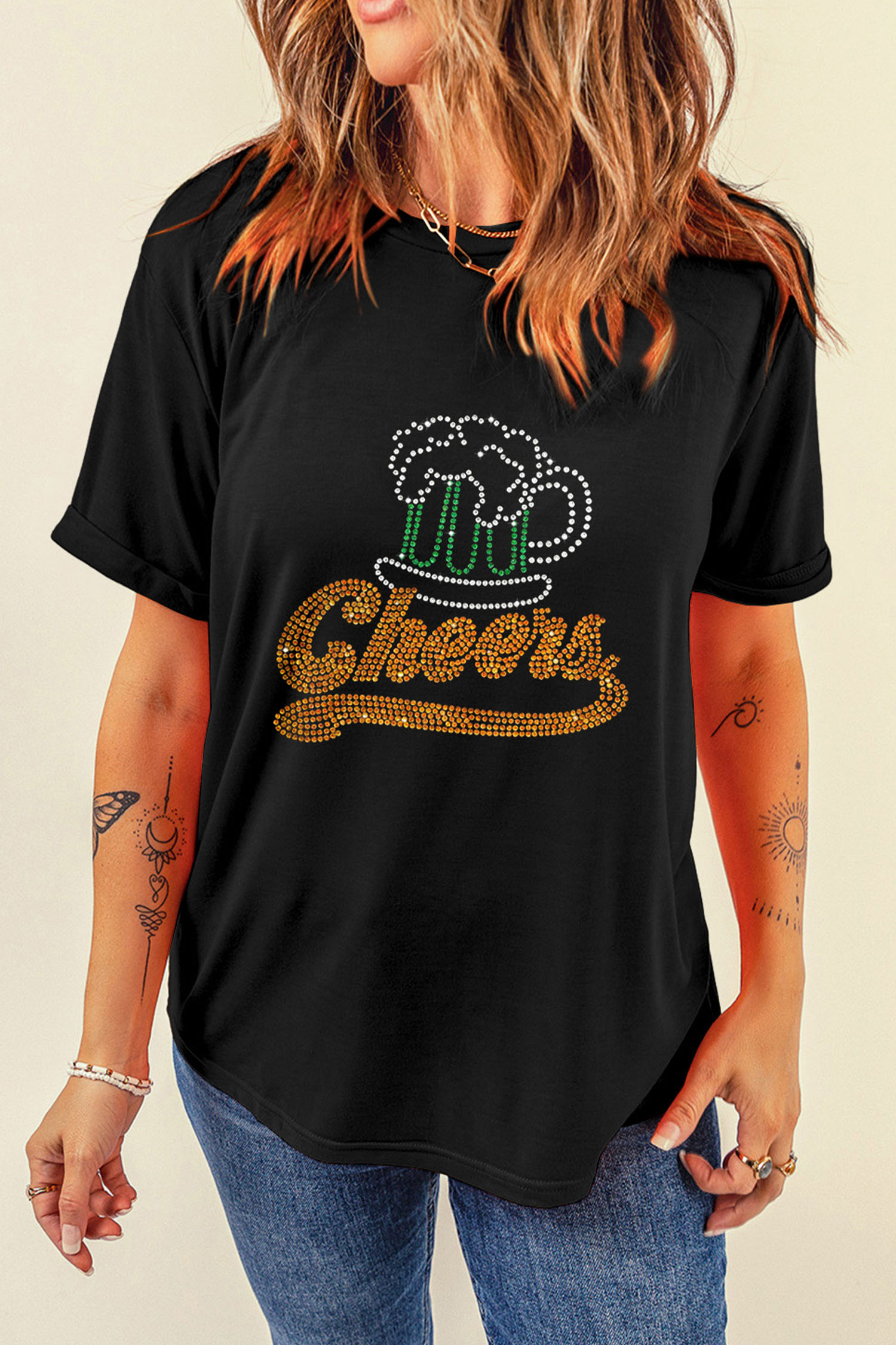 Black Cheers Rhinestone Graphic T Shirt - loveforevers