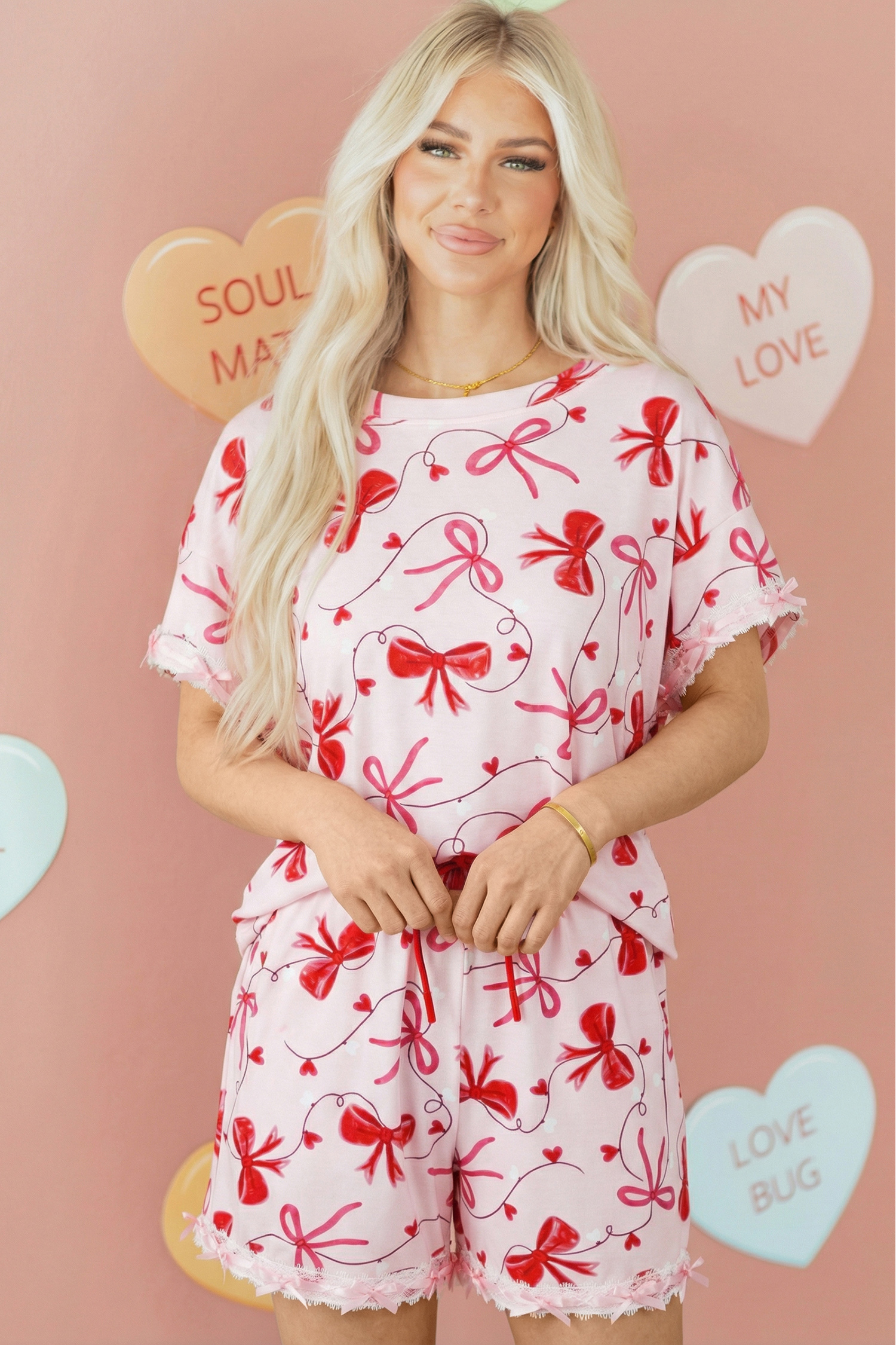 Red Romantic Bow Print Loose Tee Drawstring Shorts 2pcs Lounge Set - loveforevers