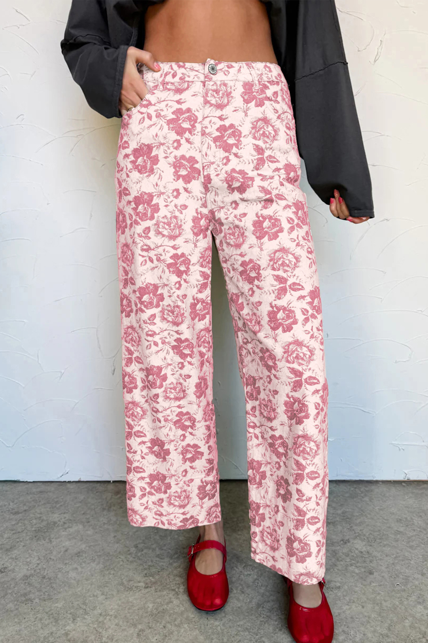 Pink Vintage Floral Print Denim Shift Pants - loveforevers
