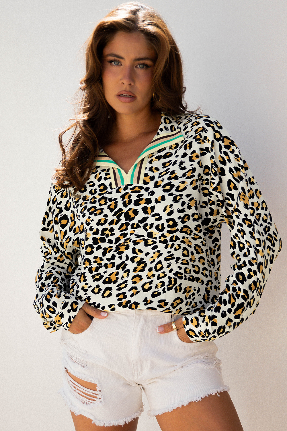 Khaki Leopard Print Contrast Striped V Neck Blouse - loveforevers