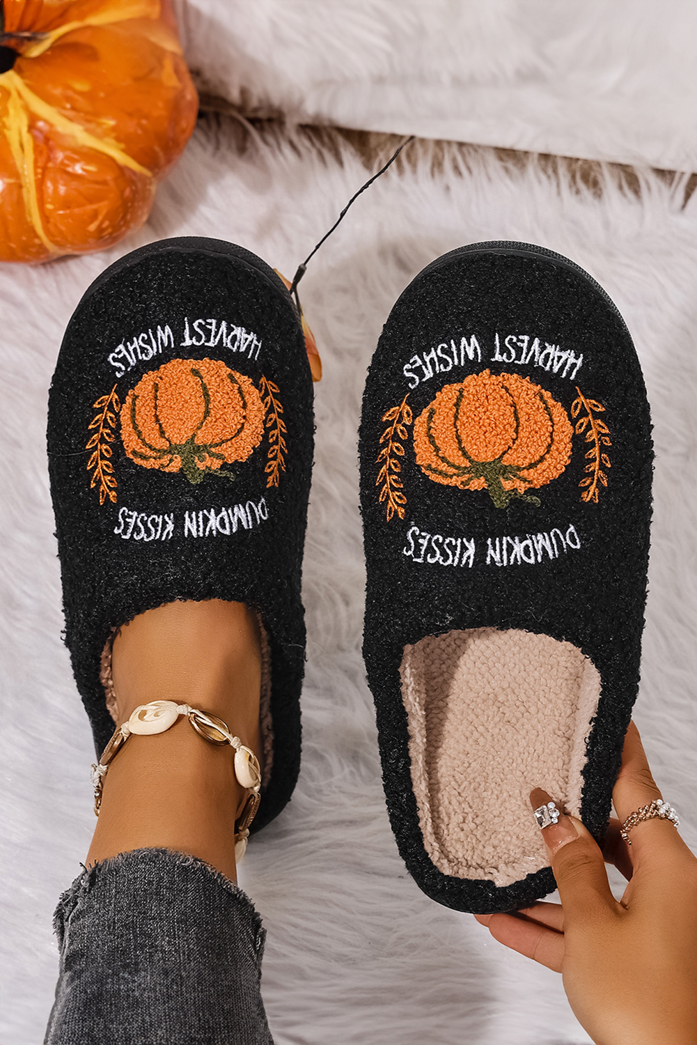 Black Pumpkin Harvest Pattern Cozy Fuzzy House Slippers - loveforevers