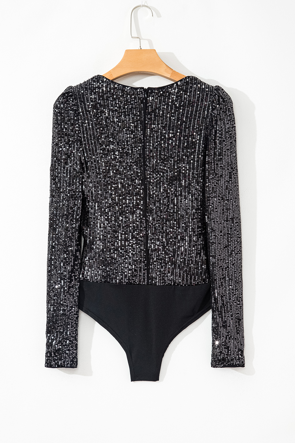 Black Sequin V Neck Zipped Long Sleeve Bodysuit - loveforevers