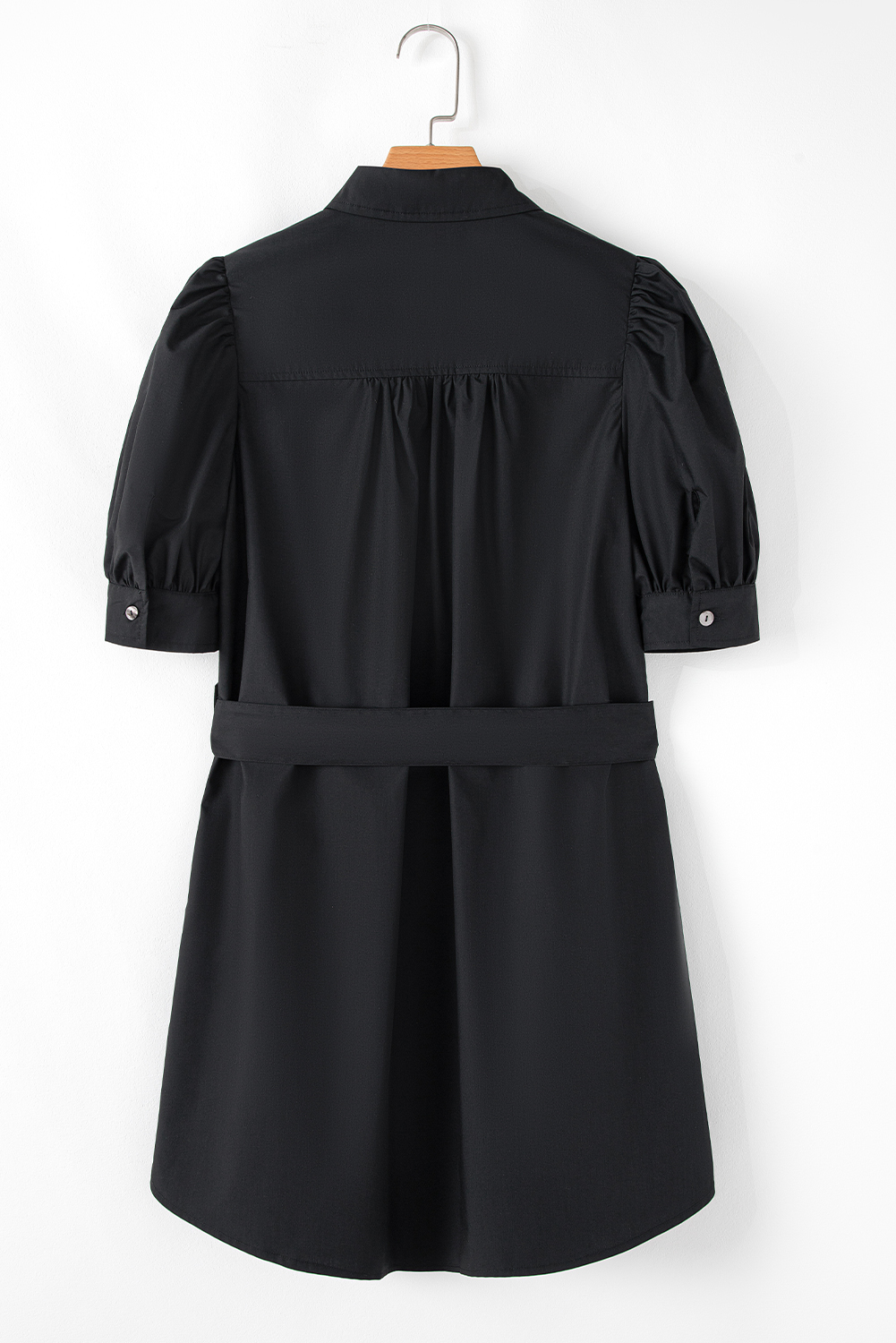 Black Button Up Tie Waist Puff Sleeve Mini Dress - loveforevers
