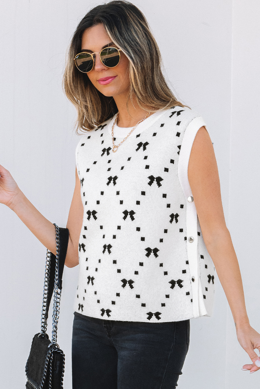 Black Preppy Vibes Bow Print Zipped Collar Sweater Tee - loveforevers
