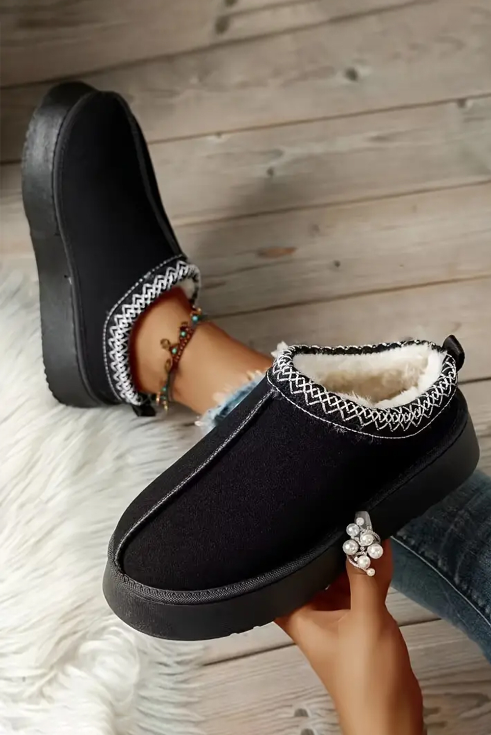 Chestnut Contrast Print Suede Plush Lined Snow Boots - loveforevers