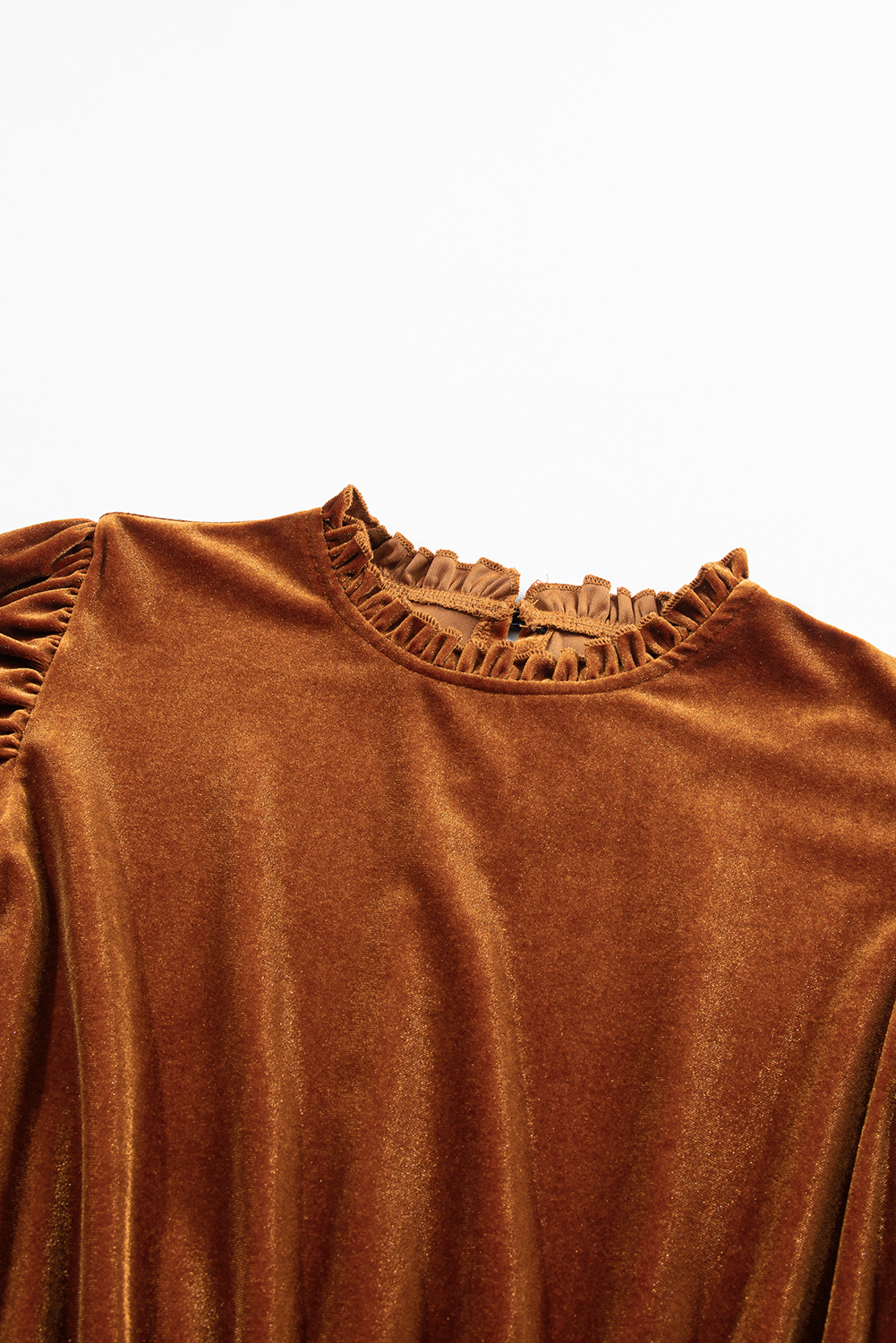 Chestnut Velvet Frilled Neck Gigot Sleeve Swing Dress - loveforevers