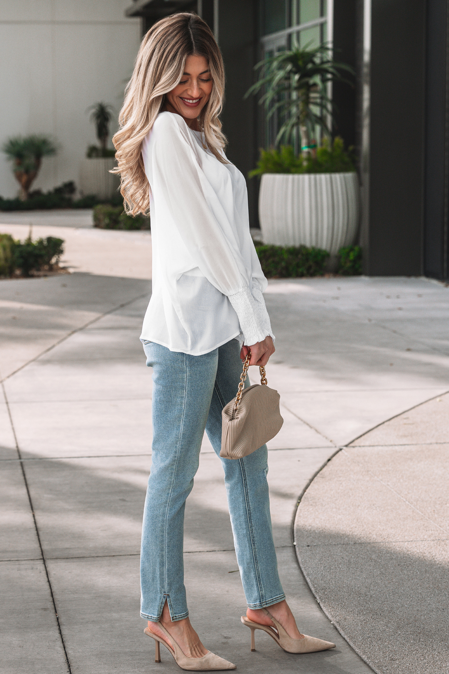 White Smocked Cuffs Semi Sheer Long Sleeve Dolman Blouse - loveforevers
