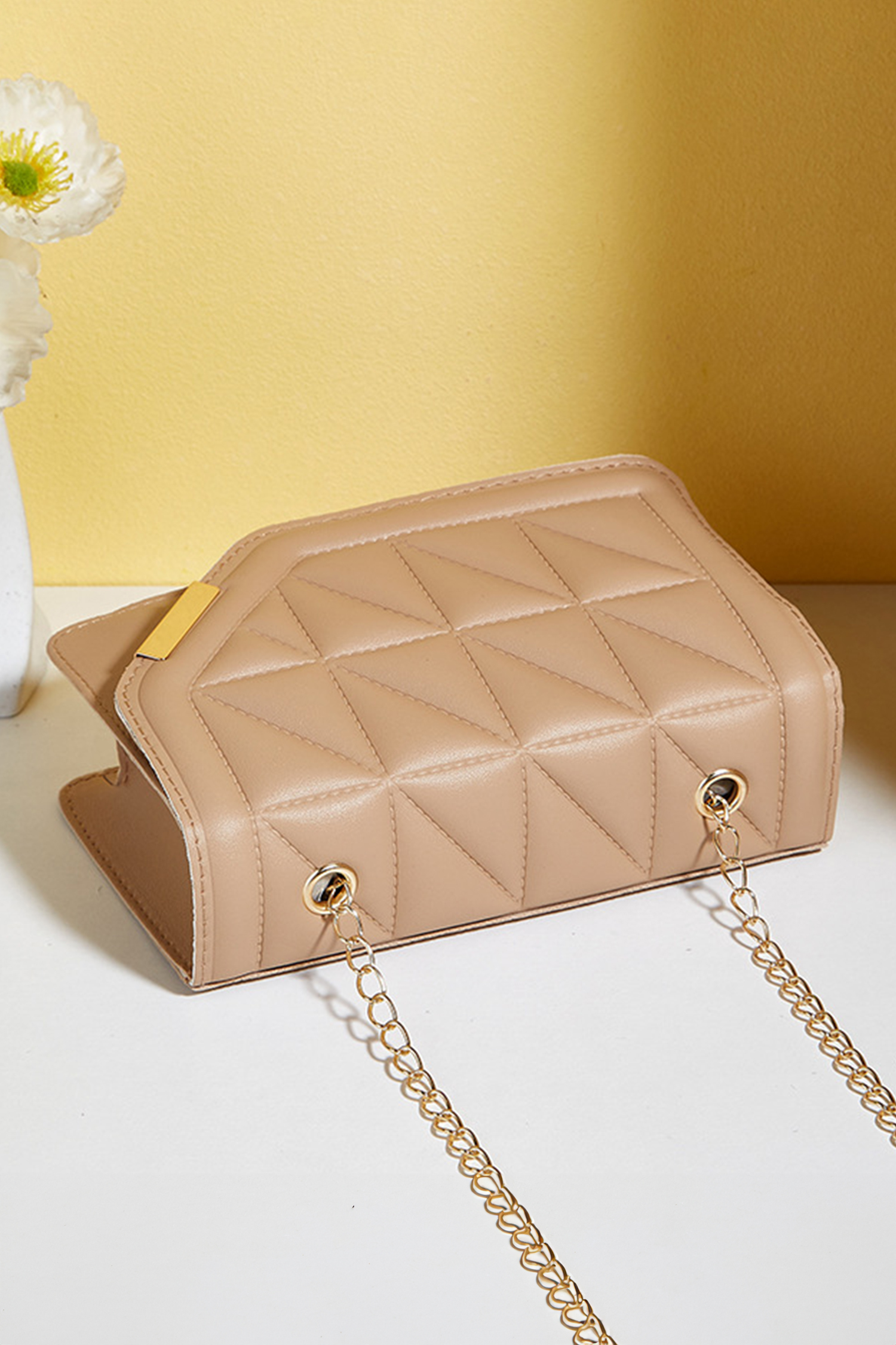 Khaki PU Leather Quilted Texture Asymmetric Cover Chain Strap Square Shoulder Bag - loveforevers