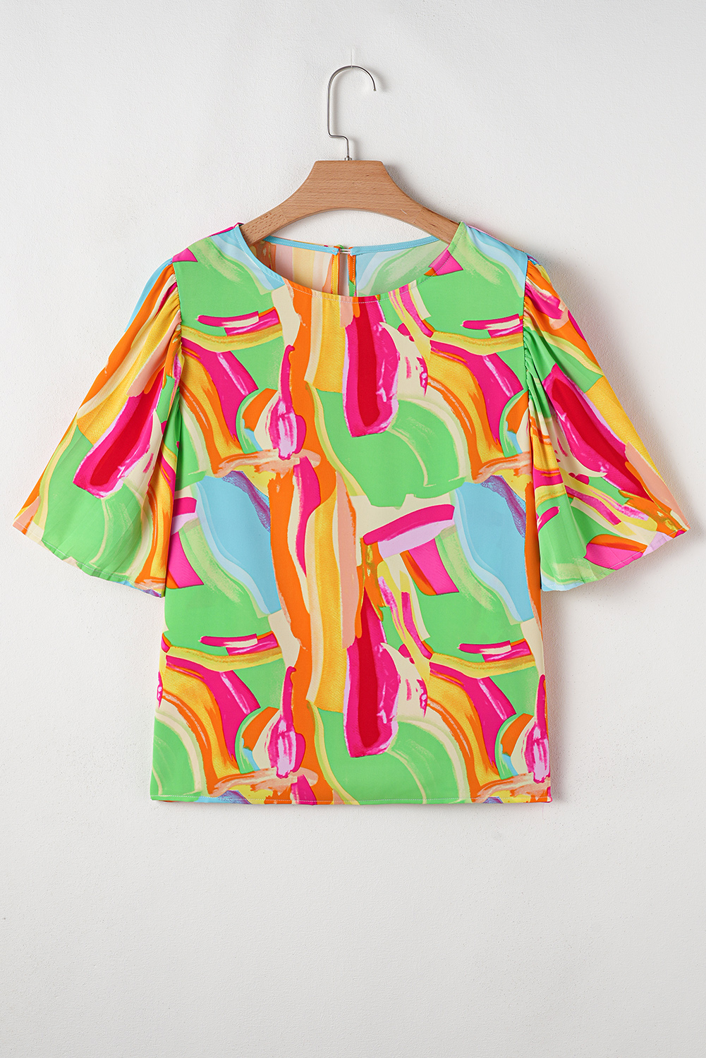 Multicolour Abstract Print Keyhole Back Pleated Half Sleeve Blouse - loveforevers