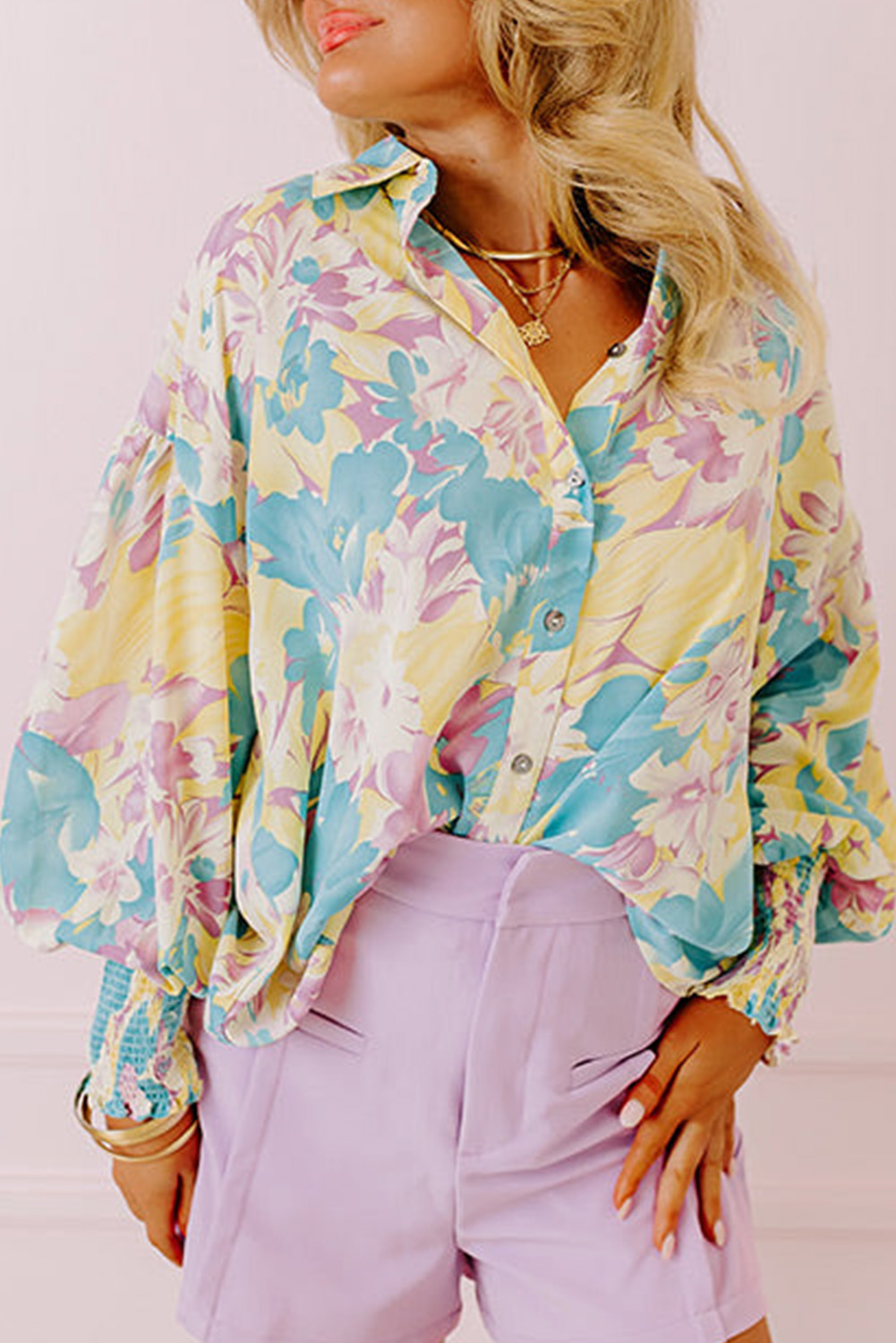 Yellow Floral Allover Print Shirred Cuff Oversized Shirt - loveforevers
