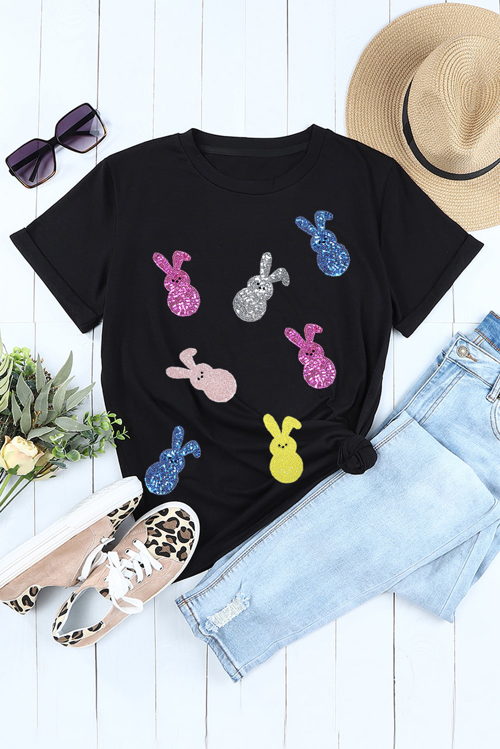 Black Sequin Bunny Doll Graphic Easter Day T Shirt - loveforevers