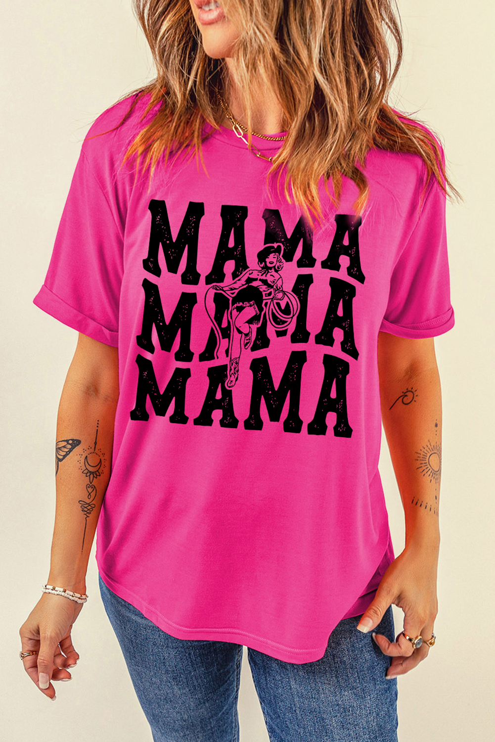 Rose Red Western MAMA Print Crew Neck T Shirt - loveforevers