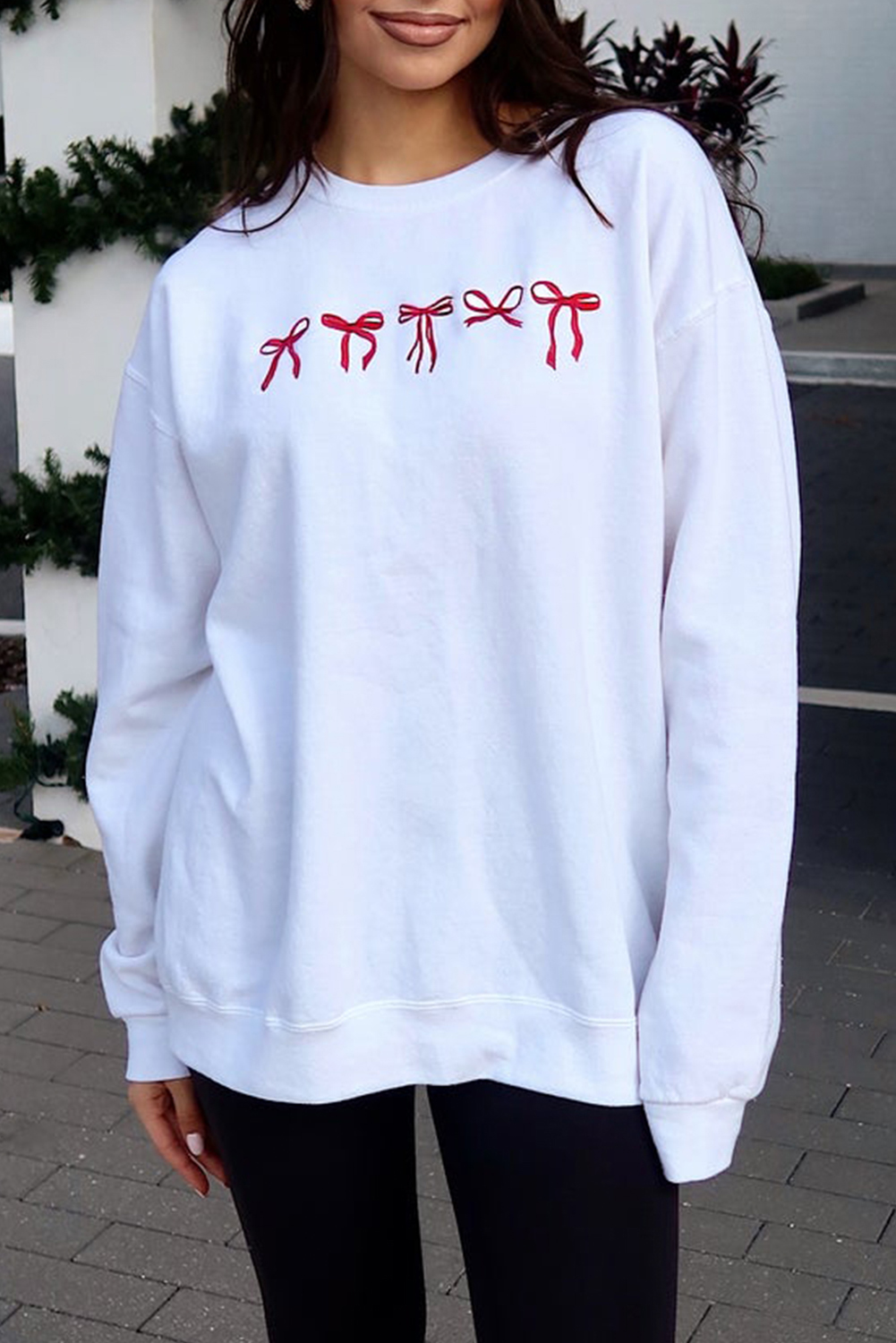 White Diverse Bow Embroidery Drop Shoulder Sweatshirt - loveforevers