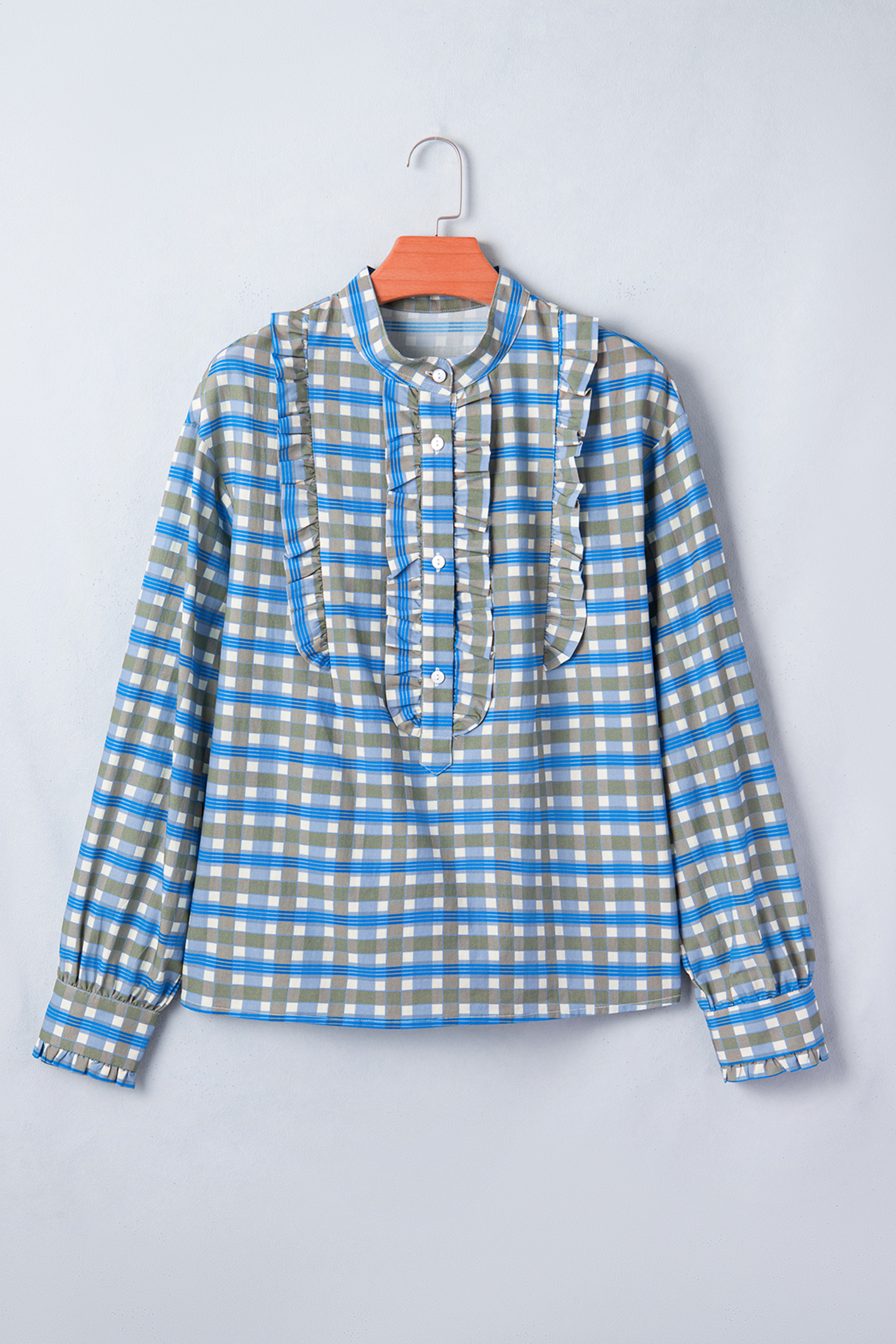 Sky Blue Plaid Long Sleeve Frilled Detail Half Button Blouse - loveforevers