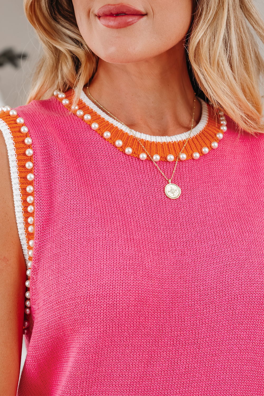 Bright Pink Contrast Trim Pearl Detail Sweater Tank Top - loveforevers