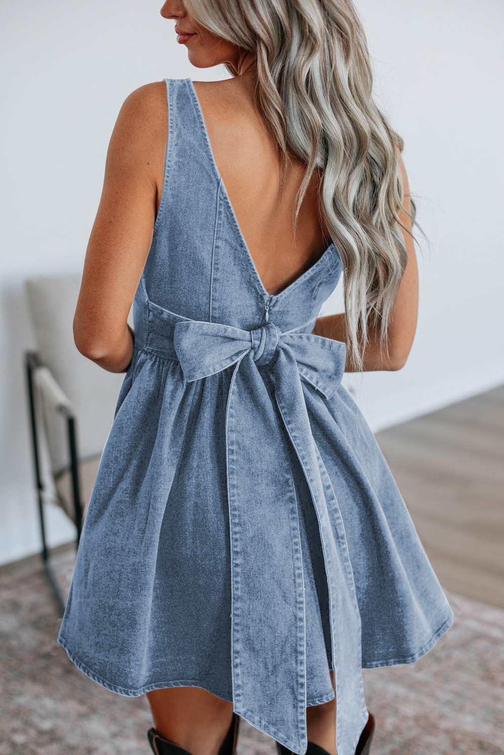 Myosotis Square Neck Bowknot A-line Sleeveless Denim Dress - loveforevers