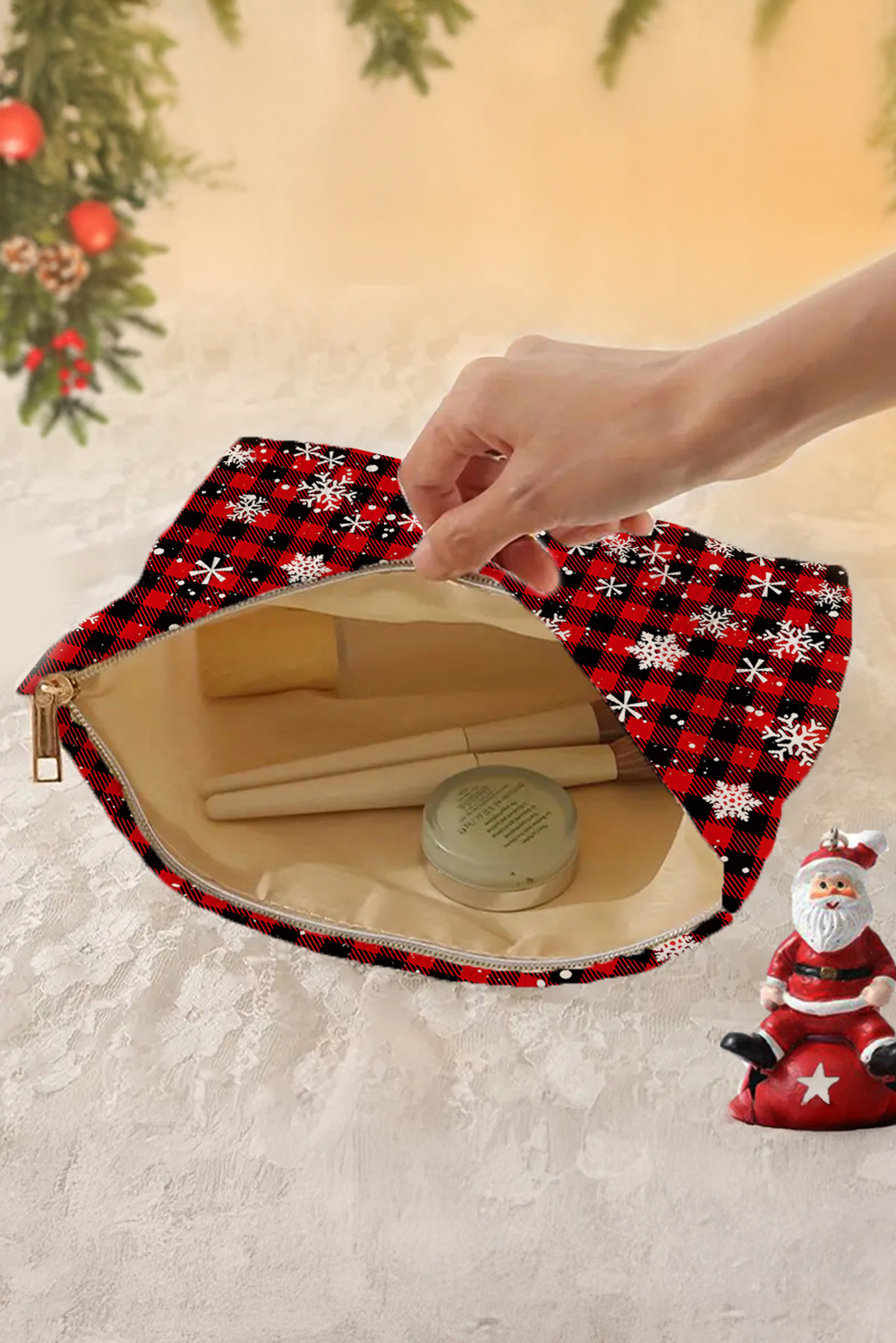 Fiery Red Plaid Christmas Snowflake Print Cosmetic Bag - loveforevers