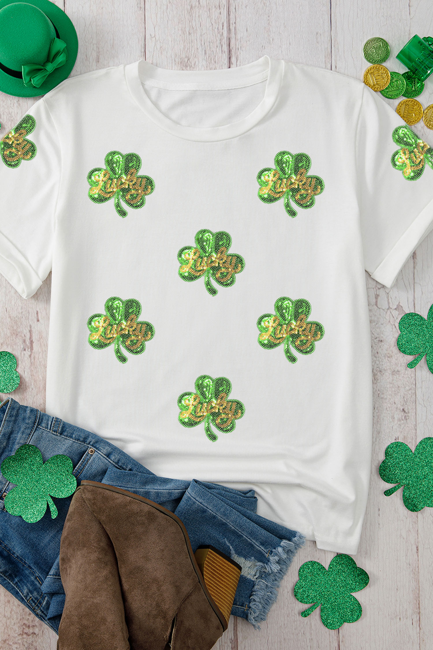 White Sequin Lucky Clover Patched Casual Round Neck Tee - loveforevers
