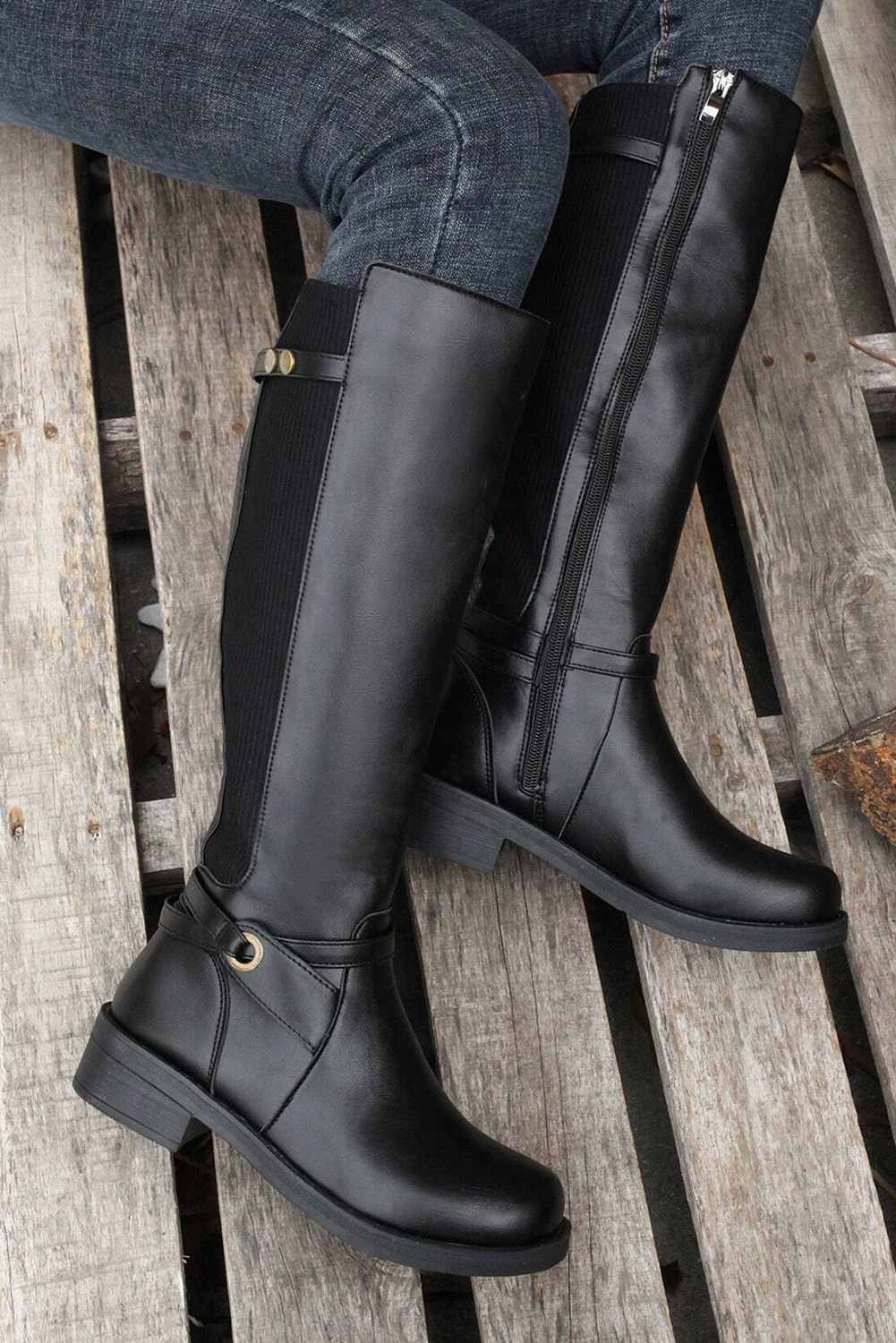 Black Side Zipper Knee High Chunky Low Heel Boots - loveforevers