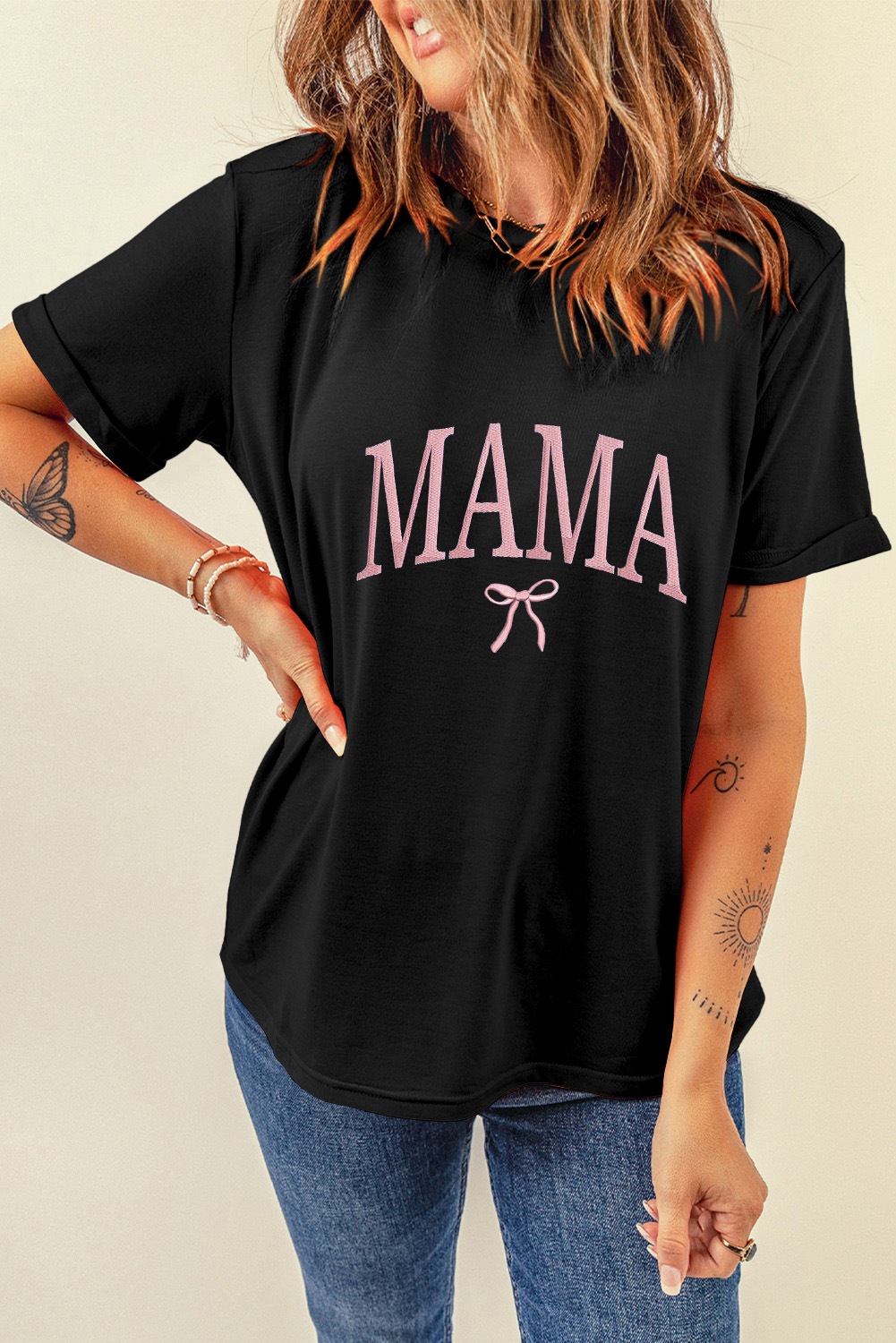 Black MAMA Bow Embroidered Crewneck Tee - loveforevers