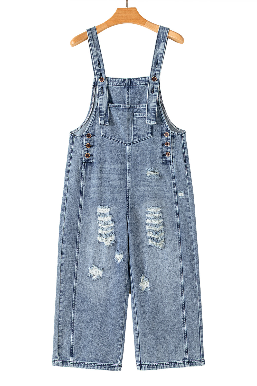 Stone Blue Distressed Bib Pocket Wide Leg Denim Overall - loveforevers