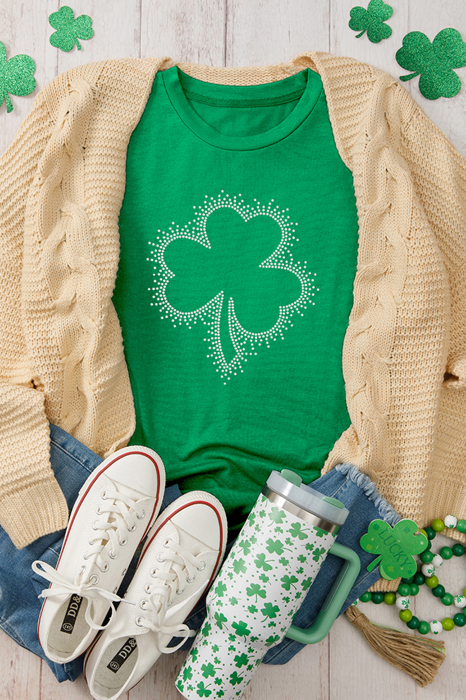 Bright Green St Patricks Day Crystal Rhinestone Shamrock Tee - loveforevers