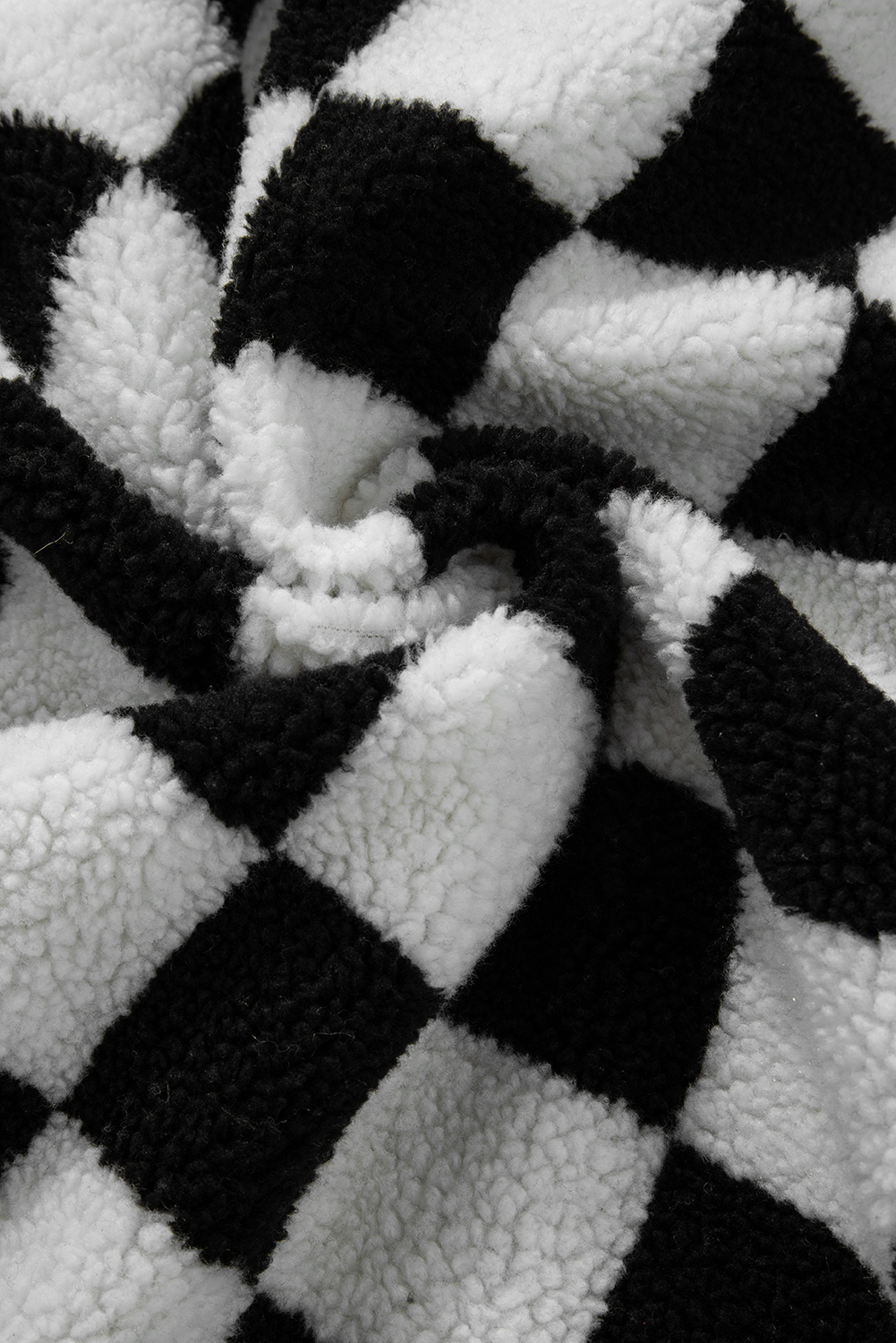 Black Checkered Side Pockets Collared Buttoned Fleece Jacket - loveforevers