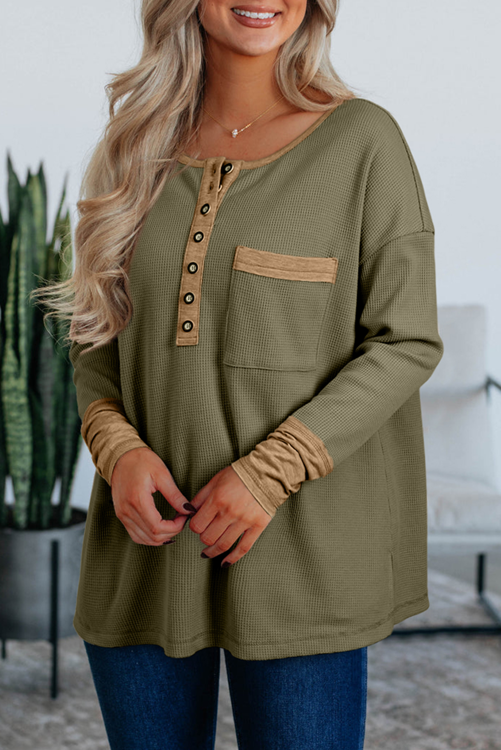 Vineyard Green Color Block Waffle Textured Tunic Henley Top with Slits - loveforevers