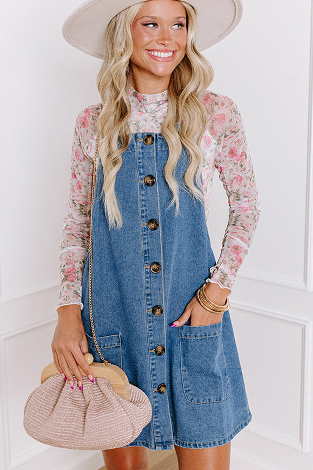 Dusk Blue Wide Strap Button Front Pocketed Denim Mini Dress - loveforevers