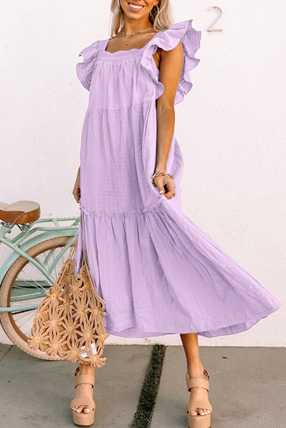 Sky Blue Ruffled Flutter Sleeve Square Neck Textured Tiered Maxi Dress - loveforevers
