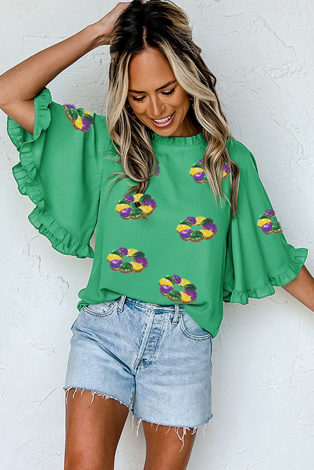 Green Sequin Doughnut Graphic Ruffled Trim Bell Sleeve Mardi Gras Blouse - loveforevers