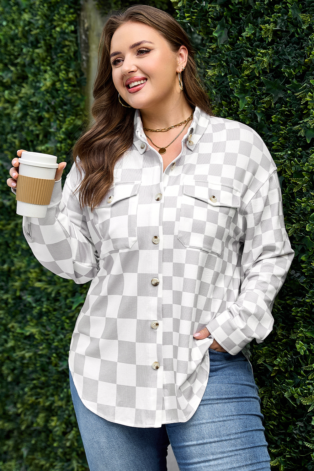 Khaki Checkerboard Flap Pocket Button Front Shacket - loveforevers