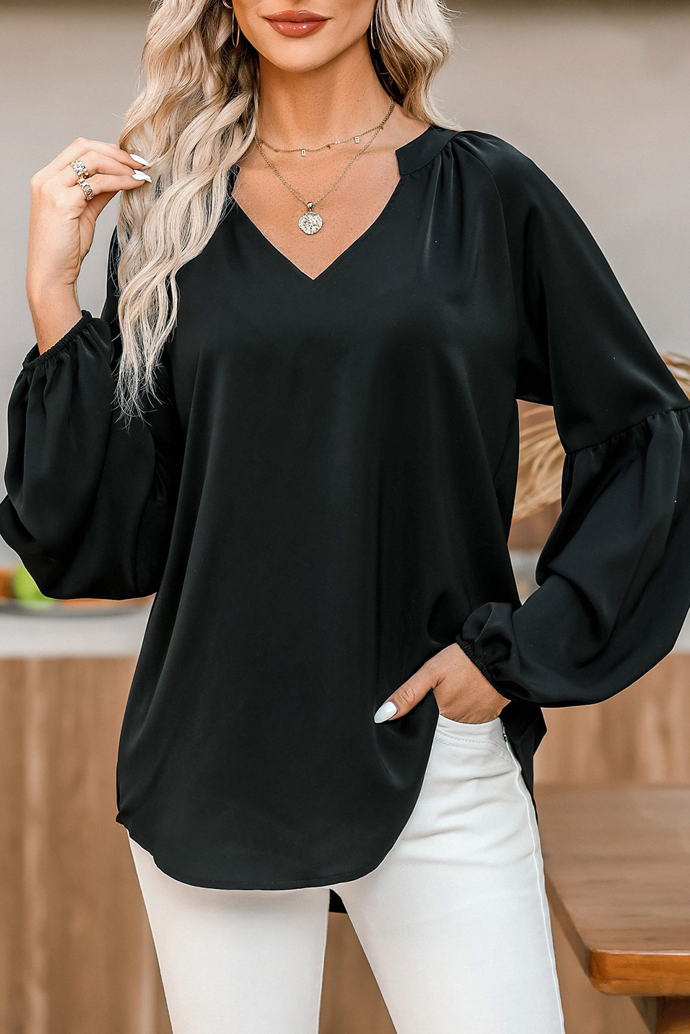 Black V Neck Long Puff Sleeve Top - loveforevers