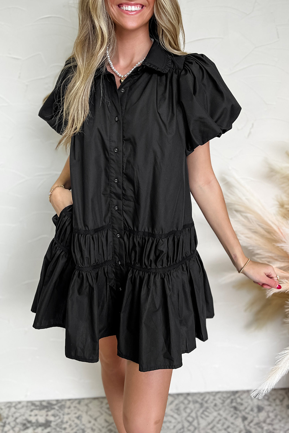 Black Shirt Style Button Down Puff Sleeve Ruffle Hem Dress - loveforevers